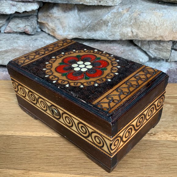 Jewelry Treasure Box Pyrography Wood Burning Red Velvet Lined Bohemian Decor - Picture 8 of 10